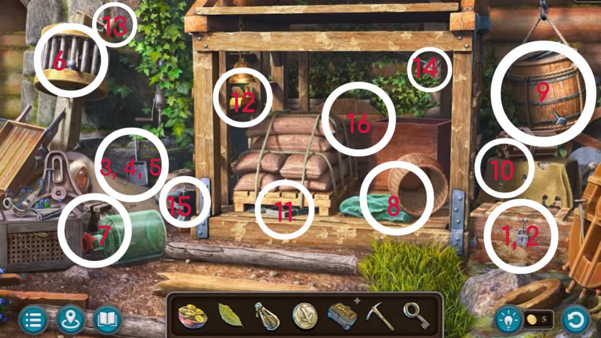 hidden object puzzle numbered and circled