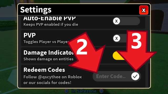 Redeem Codes section in the Meme Fruits Settings menu