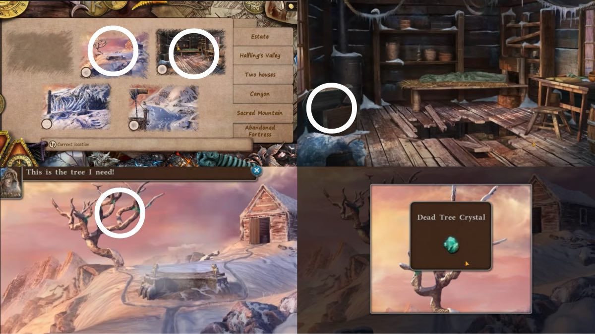 map to bow and arrow and dead tree crystal