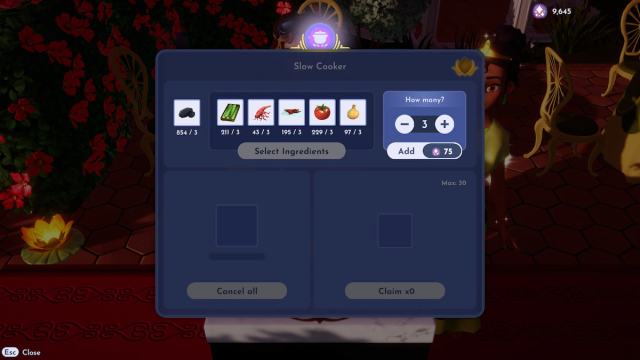 Adding Gumbo ingredients to a Slow Cooker in Disney Dreamlight Valley.