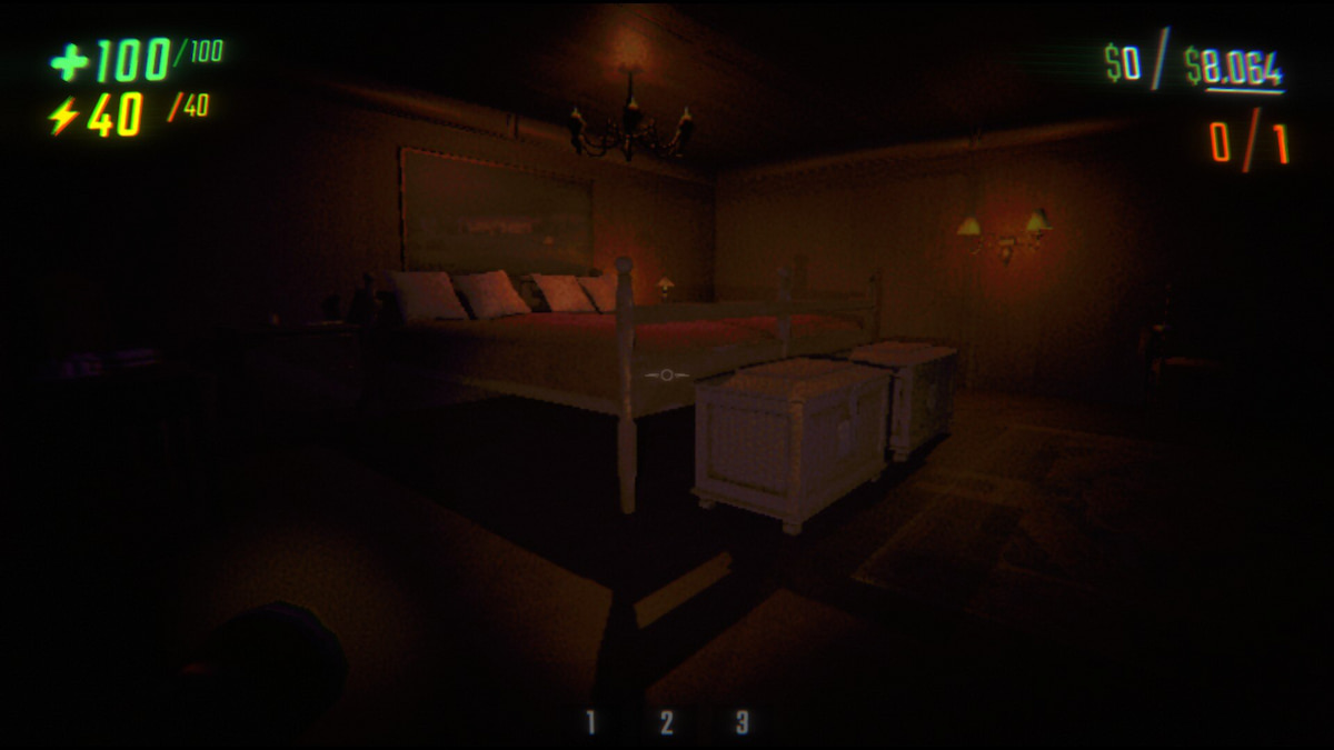 repo bedroom with boxes and dim lighting