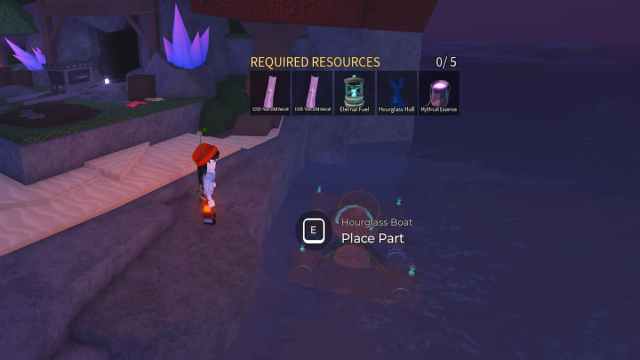 A Roblox player in front of the Hourglass Boat in Fisch.