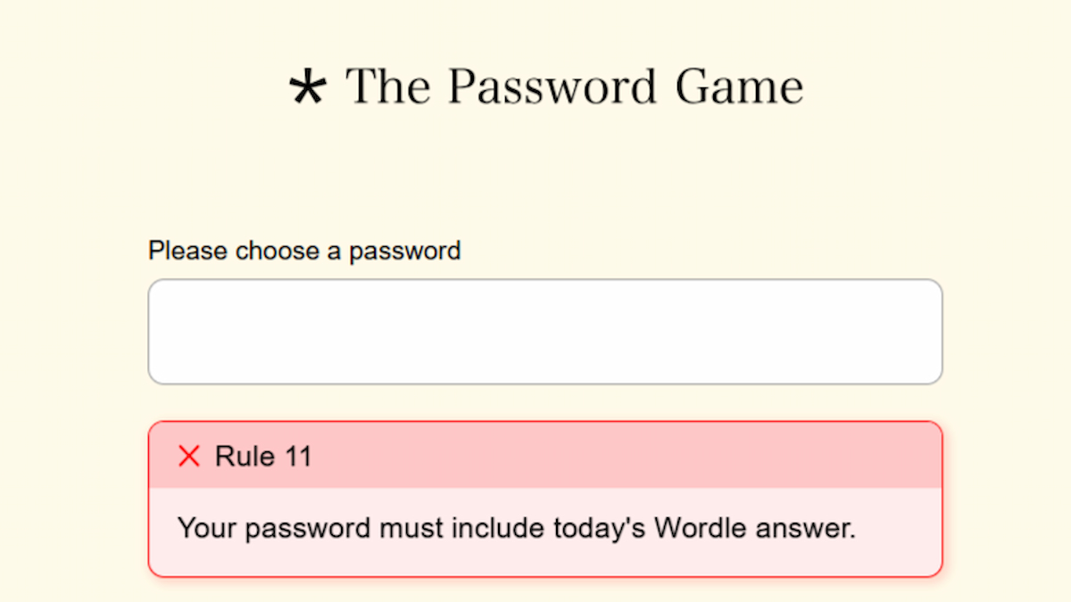 Rule 11 for The Password Game asking for today's Wordle answer.
