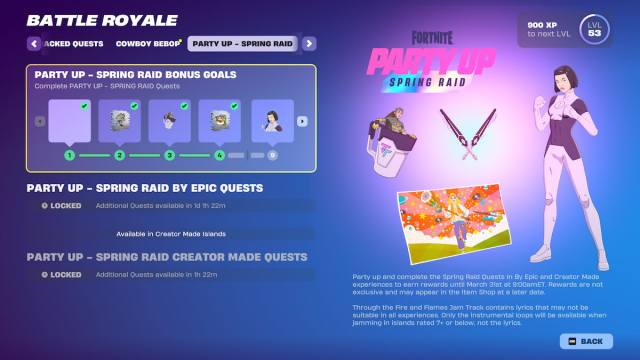 The Spring Raid event in Fortnite featuring Dupli-Kate as an unlockable skin and Shrinking Rae as a back bling.