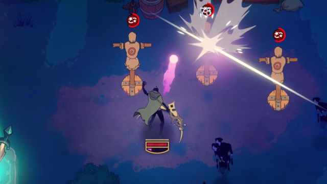 A warrior using the Staff of Sloth on a training dummy in 33 Immortals.