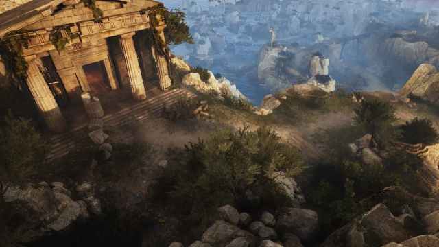 A ruined temple built in the Greek style atop a hill in Titan Quest 2.
