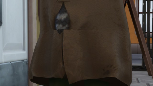 Trashley Reelpearson's raccoon tail sticking out of their trench coat in the sims 4