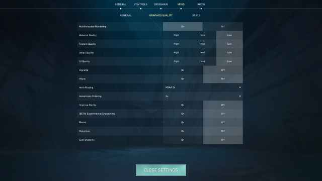 Graphics settings under the Video tab in VALORANT