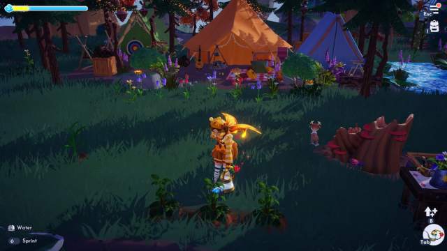 A player dressed in a yellow and light brown bee outfit watering three bell pepper plants in Disney Dreamlight Valley