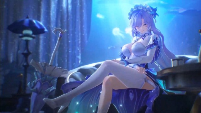 Wuthering Waves cantarella sitting in front of aquariam with her legs crossed