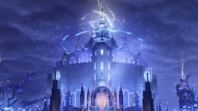Wuthering Waves blue castle with dark blue skies and dim lights