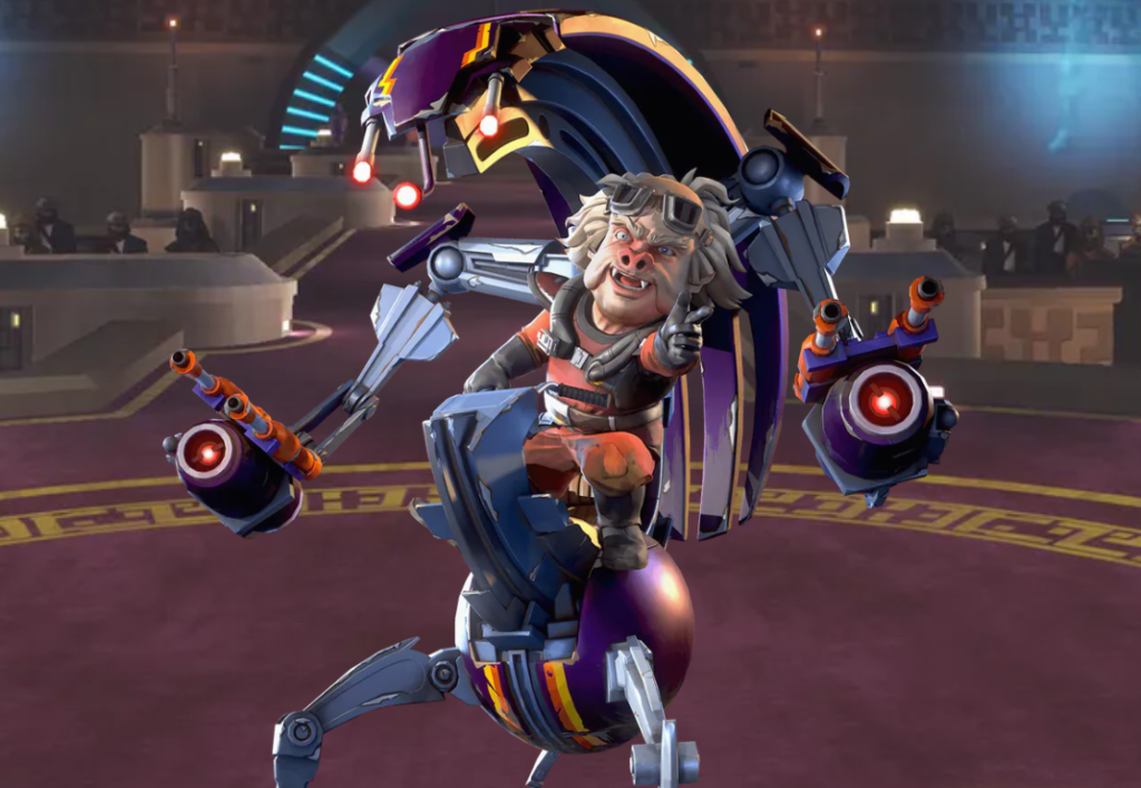 Slingshot operating a droideka in an arena in Star Wars: Hunters.