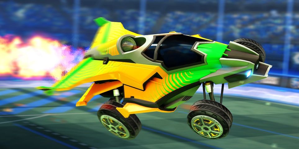 A Rocket League car boosting through the air toward the camera.