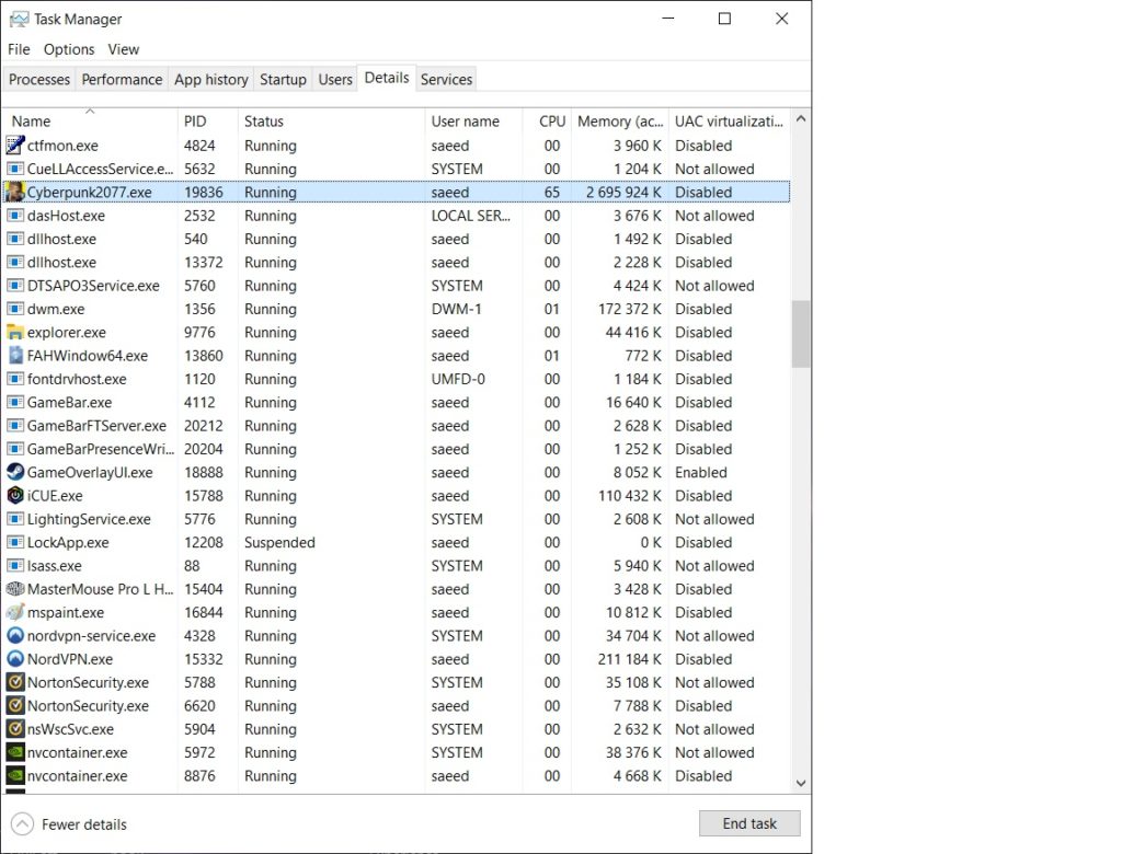 the task manager screen, selecting Cyberpunk