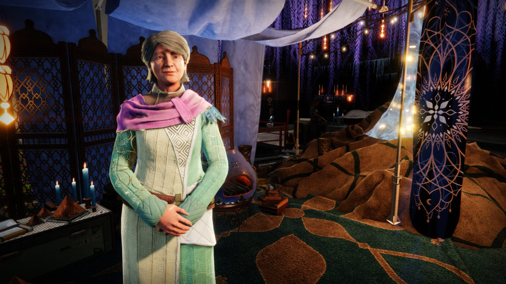 Eva Levante in the center of the Tower during the Dawning event in Destiny 2.