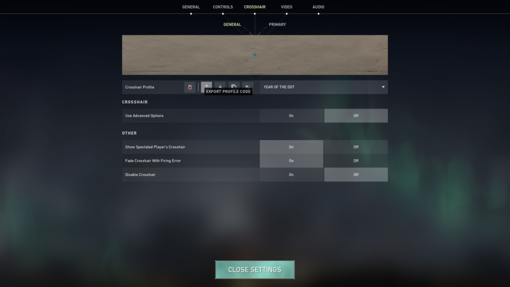 Screenshot of the crosshair settings in VALORANT.