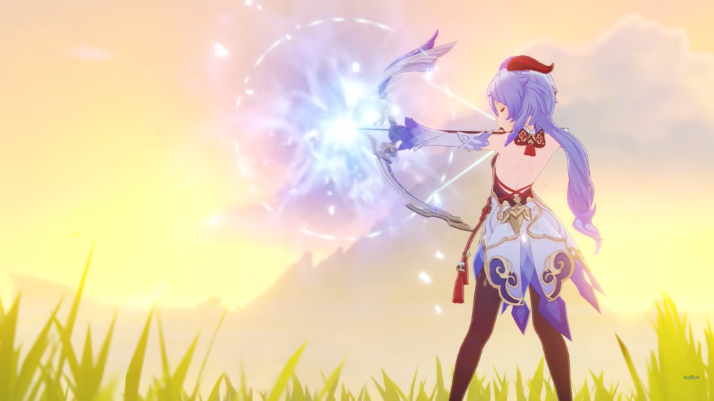 A side view of Ganyu with her bow loaded with an arrow about to strike.