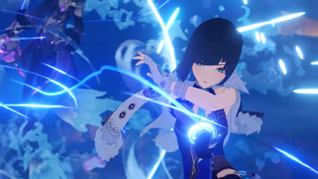 Yelan sliding to the right with her arms pointed pack and her Hydro lasso in her hand.