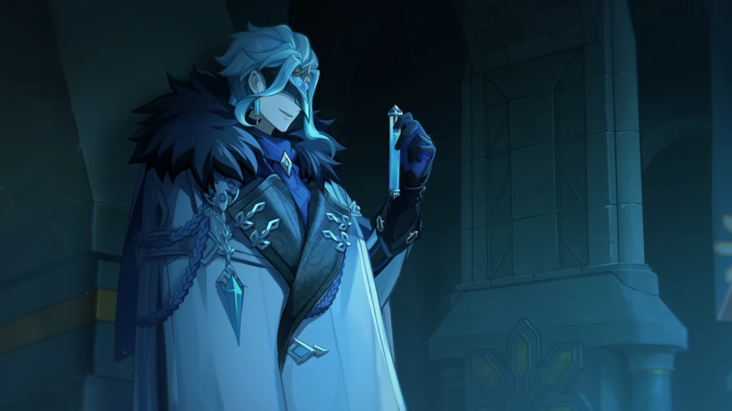 Il Dottore holding a vial and smiling.