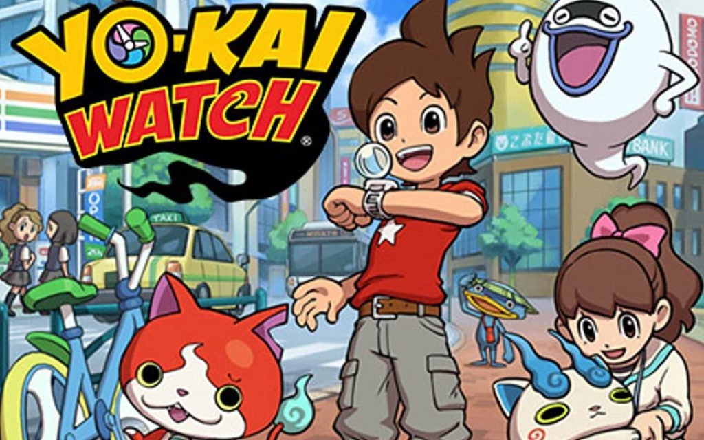 Yokai Watch cover art, showing a boy in a red shirt holding up a see-through watch with cat-like creatures surrounding him.