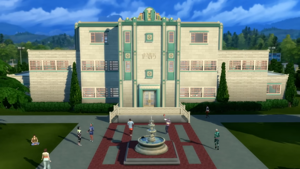 Students hanging out outside of a high school.
