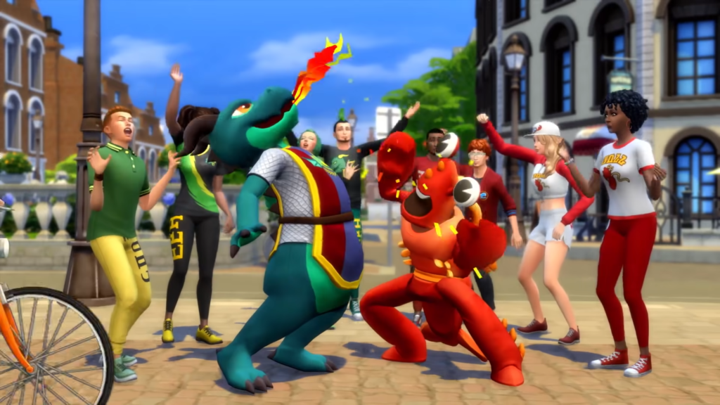The two university mascots rallying a crowd of university Sims.
