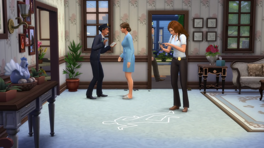 A detective sims investigating a crime scene.