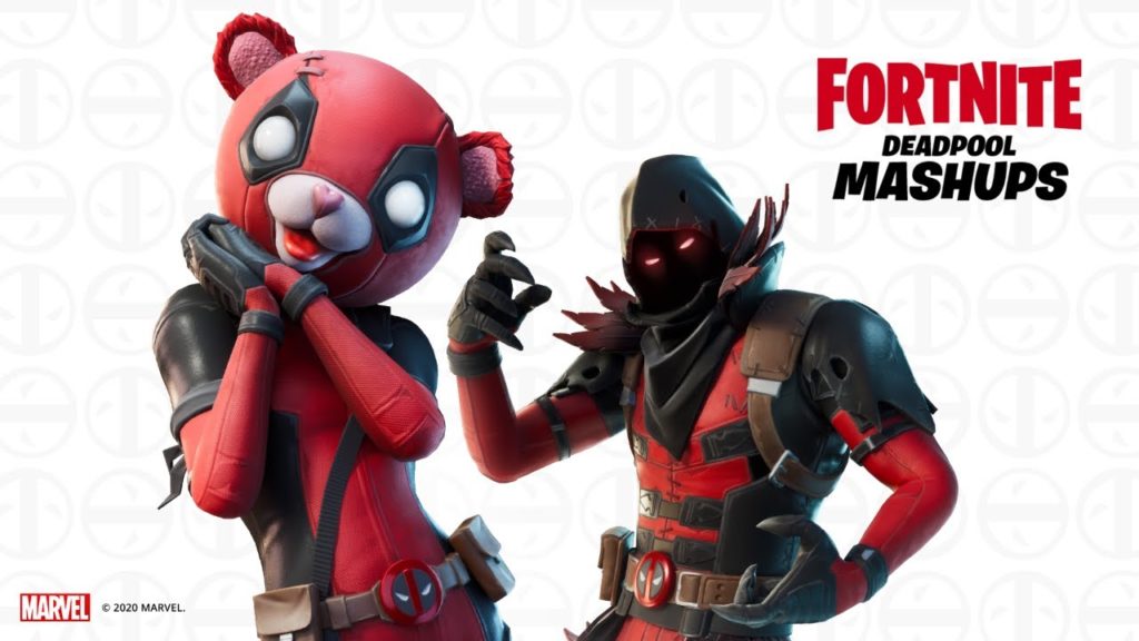 Cuddlepool with a stuffed bear head on is shown in the left as part of a Mashups photo with Ravenpool on the right with dark and secluded looking hood.
