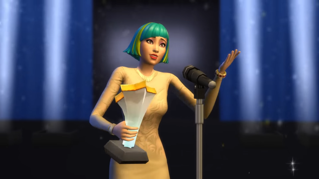 A famous sim giving a speech after earning an award.
