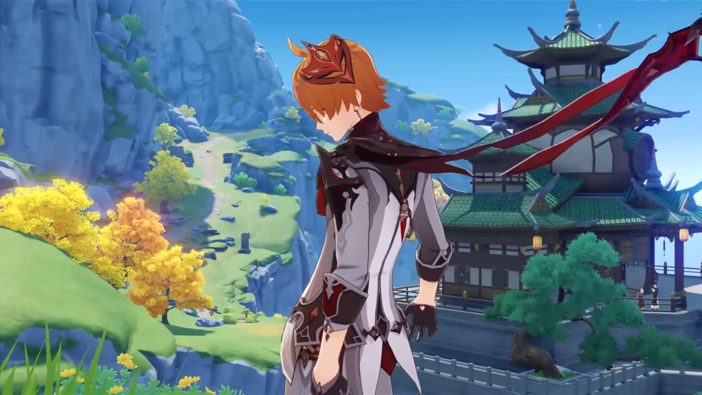 Tartaglia looking back over his shoulder slightly while his cape blows in the wind. 