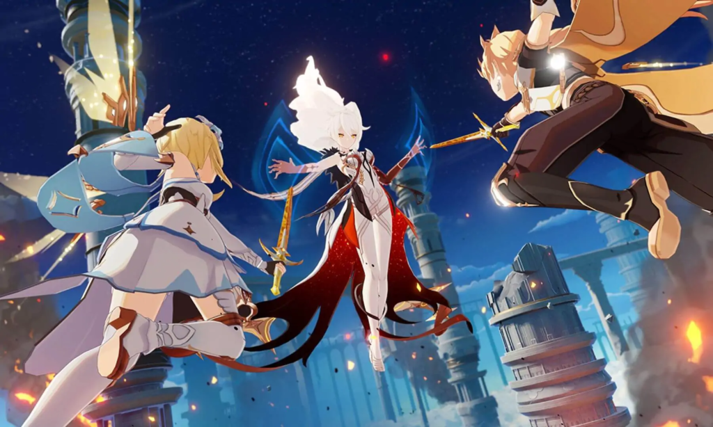 The Traveler and their twin fighting a villain.