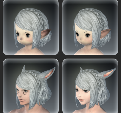 Screenshot showing the same hairstyle on four different races from FFXIV.