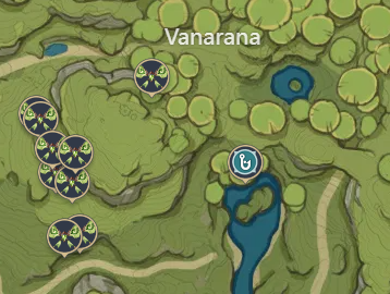 Screenshot of the world map for Genshin Impact showing a fishing spot just south of Vanarana.