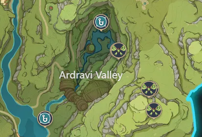 Screenshot of the world map for Genshin Impact showing fishing spots near Ardravi Valley.