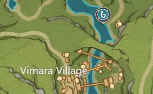 Screenshot of the world map for Genshin Impact showing a fishing spot just north of Vimara Village.