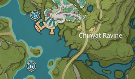 Screenshot of the world map for Genshin Impact showing fishing spots near Chinvat Ravine.