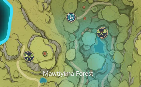 Screenshot of the world map for Genshin Impact showing a fishing spot just north of Mawtiyima Forest.