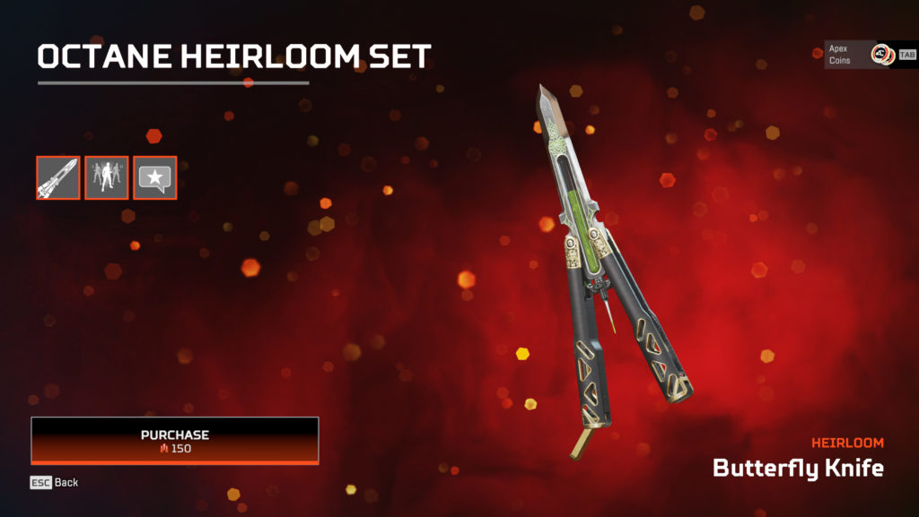 Octane's Butterfly Knife heirloom in Apex Legends.