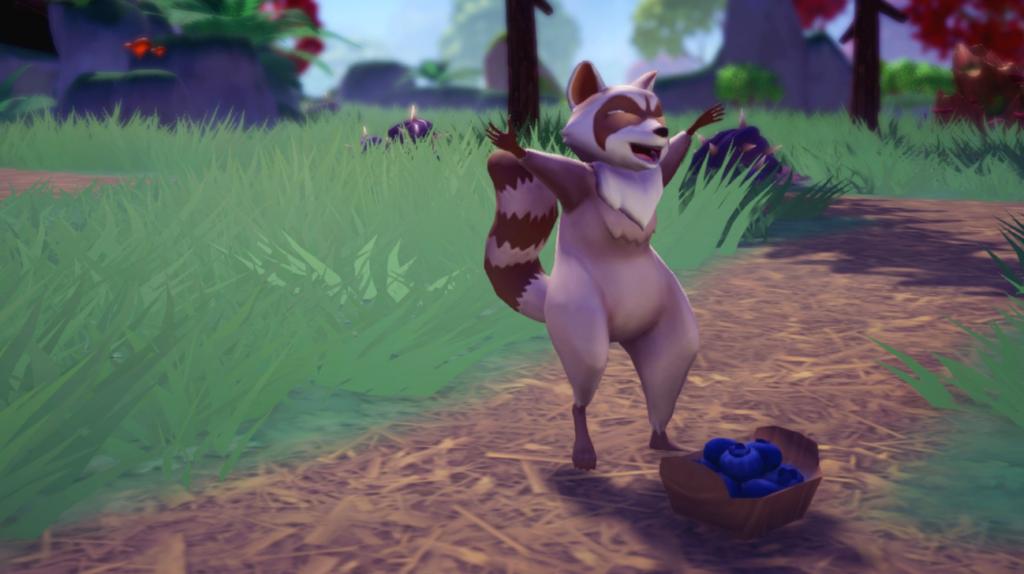 A raccoon being fed in disney dreamlight valley