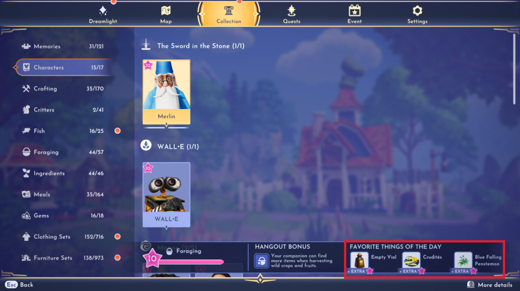 seeing Merlin's favorite items and friendship level in Disney Dreamlight Valley