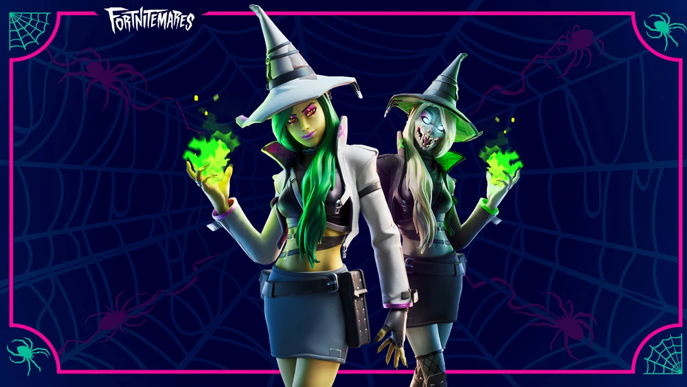 A withch in Fortnite with green skin and hair, as well as her wolf variant that transforms her face and hair into a white wolf's face and hair