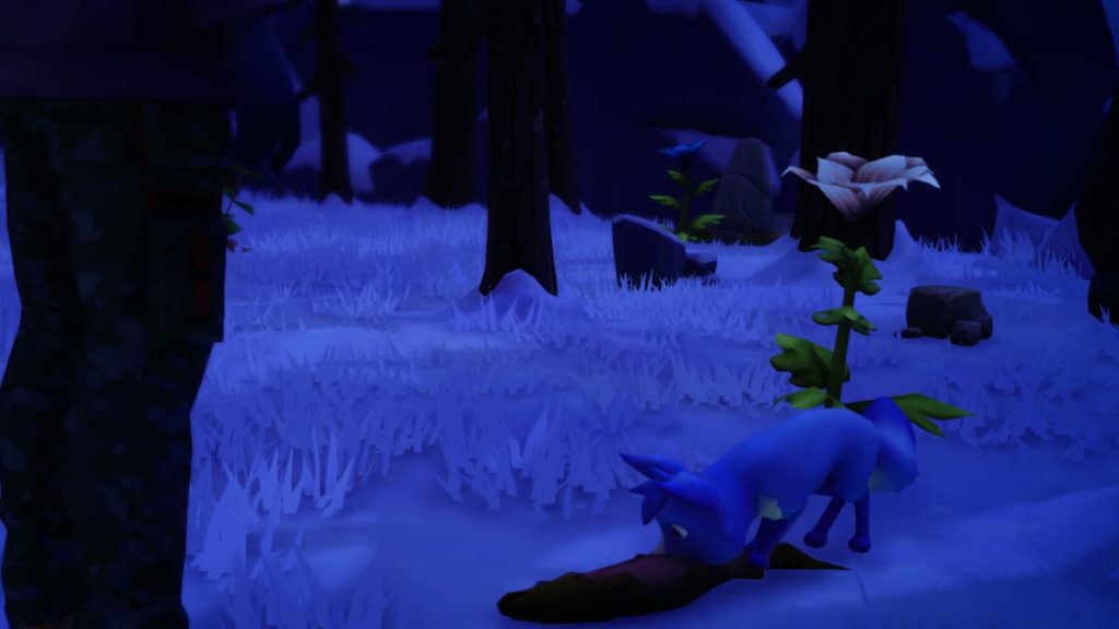 A fox eating a fish in the Frosted Heights biome.