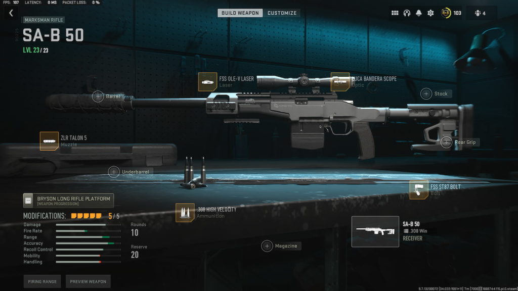 A screenshot of the best SA-B 50 loadout in MW2.