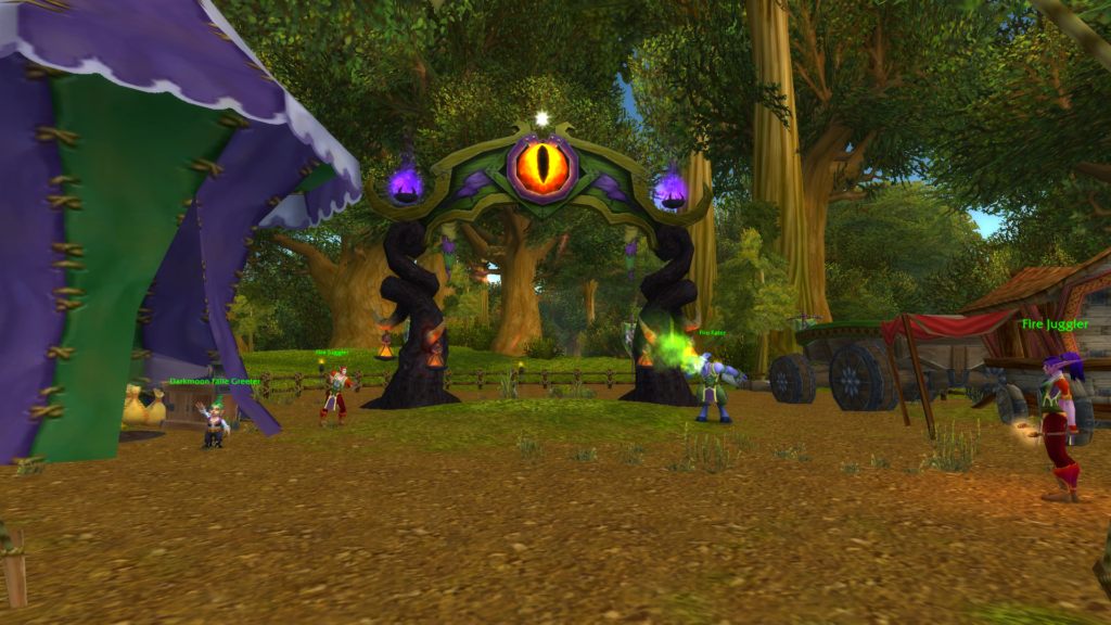 Darkmoon Faire portal in Goldshire surrounded by entertainers from the event.
