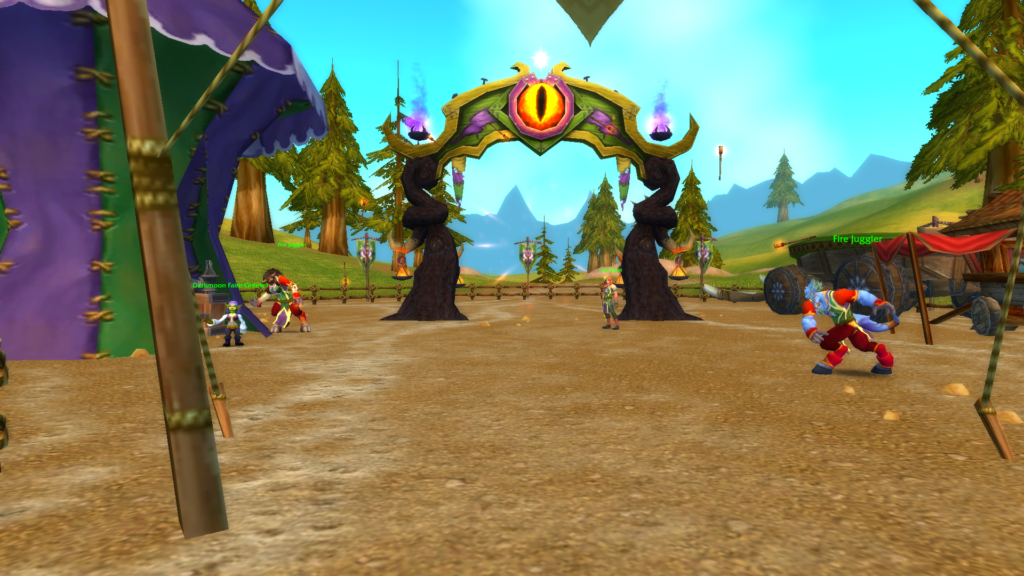 Darkmoon Faire portal in Mulgore surrounded by entertainers from the event.