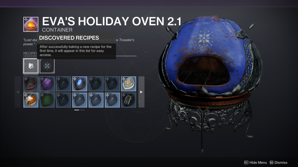 Eva Levante's Holiday Oven 2.1 and its menu of baking recipes during the Dawning in Destiny 2.