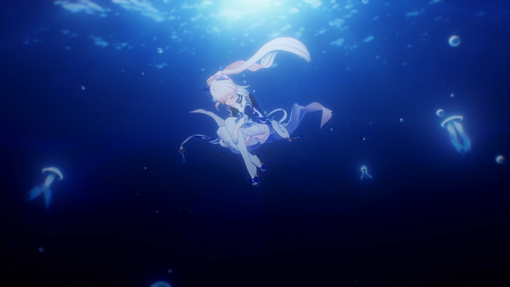Kokomi holding her legs up to her chest and floating underwater surrounded by jellyfish. 