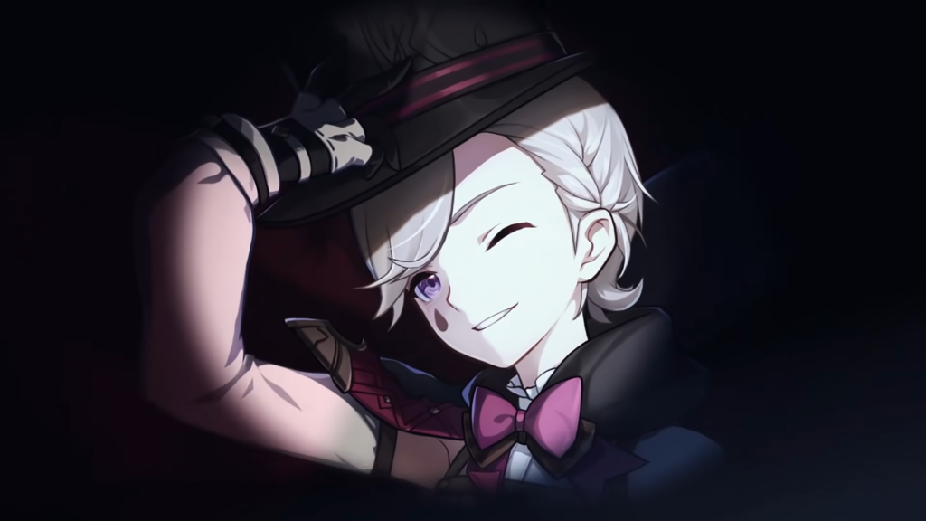 Lyney winking and tipping his hat. 