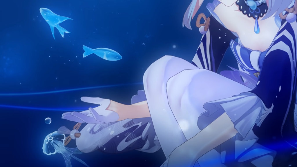 Kokomi playing with fish underwater. 