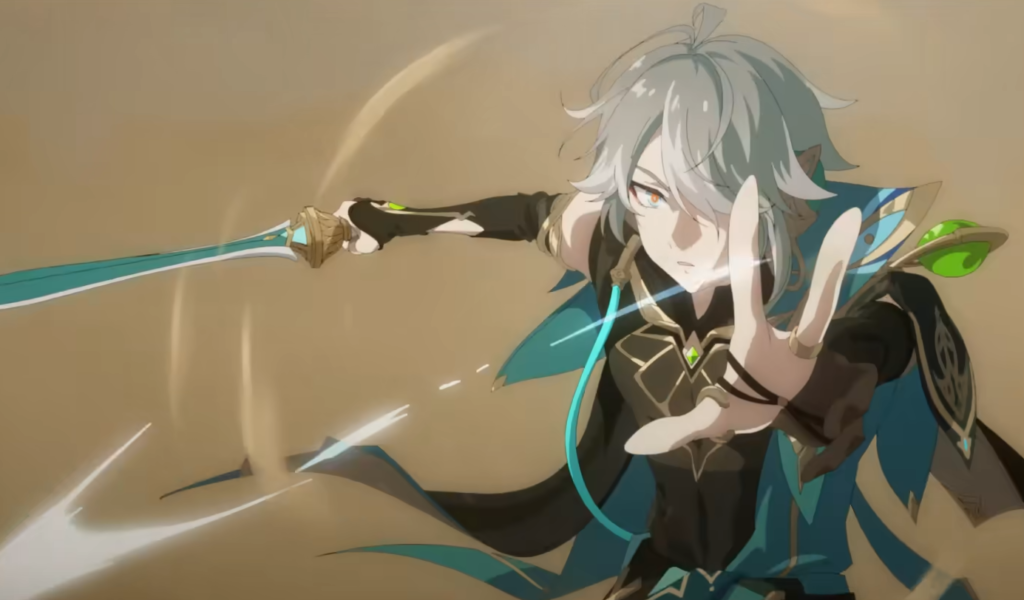 Alhaitham holding his sword in one hand and the other hand held out in front of him. 